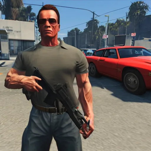 Image similar to GTA V arnold schwarzenegger screenshot stealing a cop car