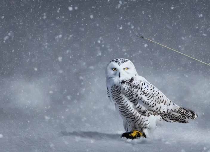 Image similar to an snowy owl ranger carrying a bow and arrow in a vast snowy landscape looking for tracks, hyperdetailed and intricate, 8 k render, indie game concept art