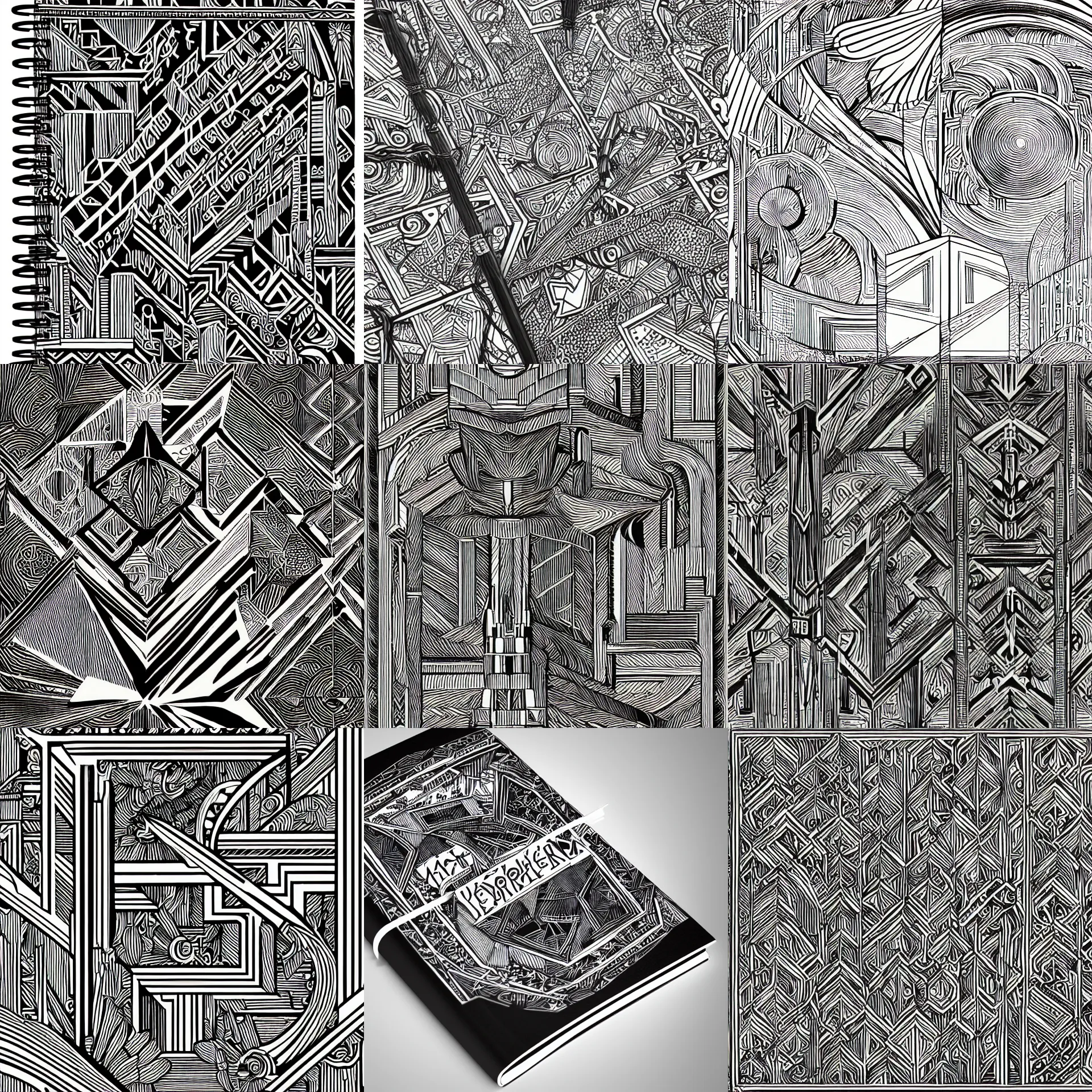 Prompt: extremely detailed black and white illustration notebook doodles drawings musings art deco with art deco filgree scrollwork 8 k render