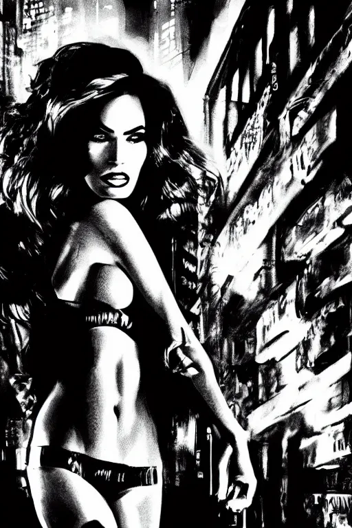 Prompt: film still from sin city, closeup portrait of film noir megan fox private detective, standing on a blade runner street corner, detailed illustration, digital art, trending on artstation, frank miller, martin ansin, movie poster,