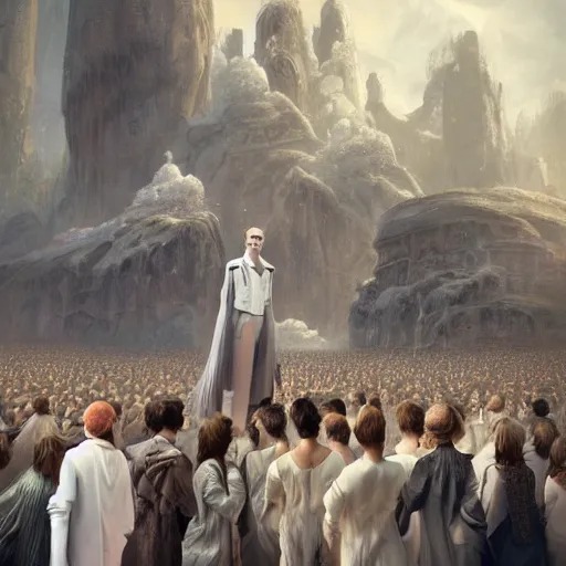 Prompt: portrait of a regal prince in futuristic white clothes, high collar, sharp cheekbones, melancholic expression, surrounded by a crowd of furious people, matte painting, digital art