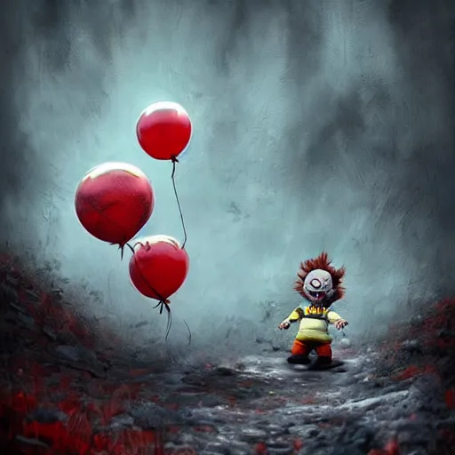 Image similar to grunge cartoon landscape painting of chucky with a wide smile and a red balloon by - michal karcz, loony toons style, pennywise style, horror theme, detailed, elegant, intricate