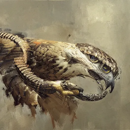 Image similar to hawk morphed with rattlesnake, half hawk half rattlesnake, highly detailed jeremy mann painting