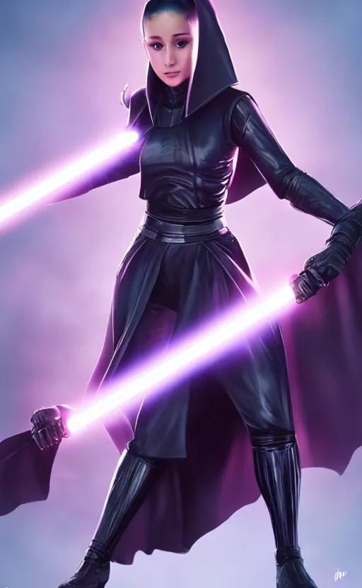 Image similar to Ariana Grande as an evil Sith lord trained by Darth Vader and preparing for a lightsaber duel Star Wars, artstation, Octane Render, 8K resolution, photo realism character art by Artgerm