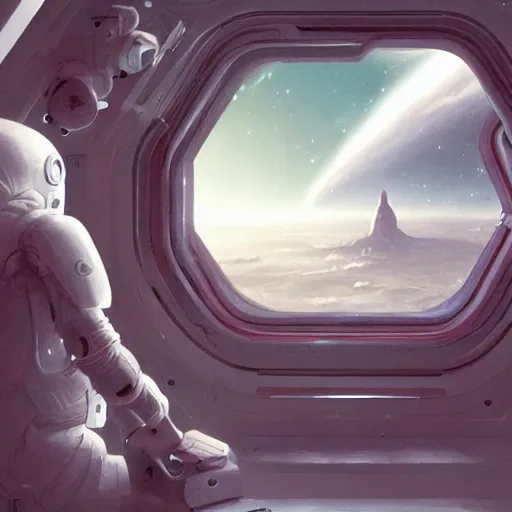 Image similar to An alien looking out of a window in space, on a spaceship, illustrated by Greg Rutkowski, sci-fi art, photorealistic details, intricate details, 4k, 8k