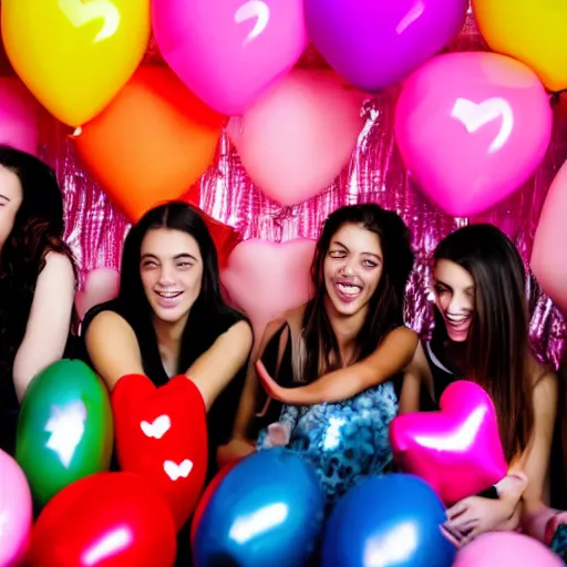 Image similar to silhouette of young women at a party with balloons and lots of hearts floating in the air