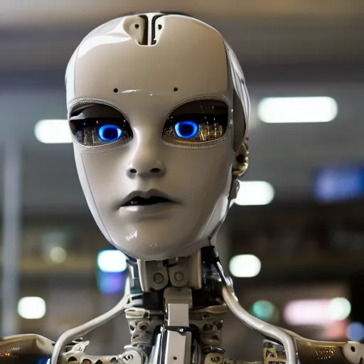 Image similar to photo of a humanoid robot in a store display hiding a dark secret, synthetic skin, highly detailed face, expressive face, cyberpunk, year 3022, medium close-up, depth of field, ISO 300, aperture f11, 1/100 obturation speed
