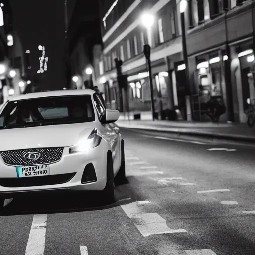 Image similar to a car bu driving down a street next to small buildings the night, XF IQ4, f/1.4, ISO 3200, 1/10s, 8K, RAW, unedited, symmetrical balance, in-frame, sharpened