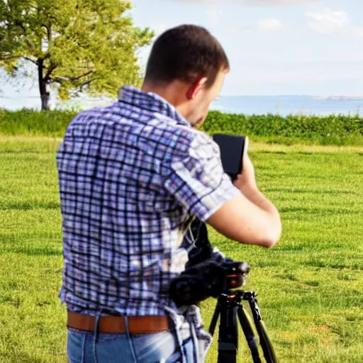 Prompt: a man filming with videocamera