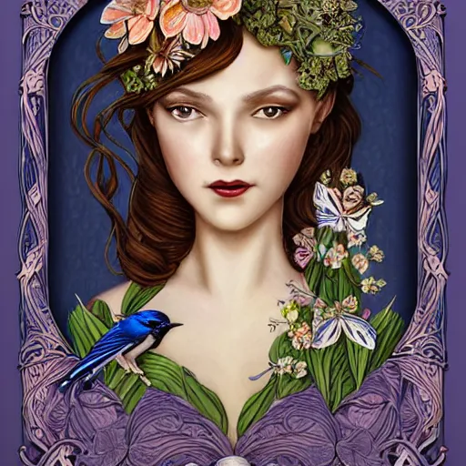 Prompt: realistic detailed face portrait of a beautiful woman with flowers in her hair and a blue jay nesting in her hair by jenny savilla, michael c hayes, fairytale, art nouveau, victorian, character concept design, smooth, extremely sharp detail, finely tuned detail, story book design, storybook layout