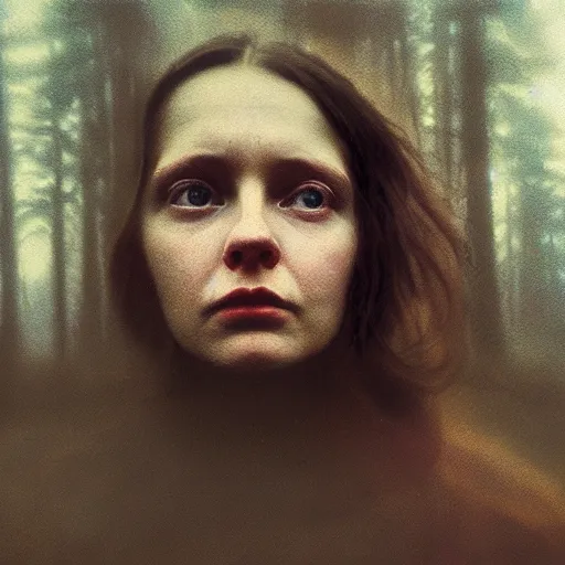 Image similar to portrait bust of young woman, tired expression, faded color film, russian cinema, tarkovsky, kodachrome, inside old cabin, next to window, heavy forest outside, long brown hair, old clothing, heavy fog, brown color palette, hudson river school, 4 k, dramatic lighting, greg rutkowski