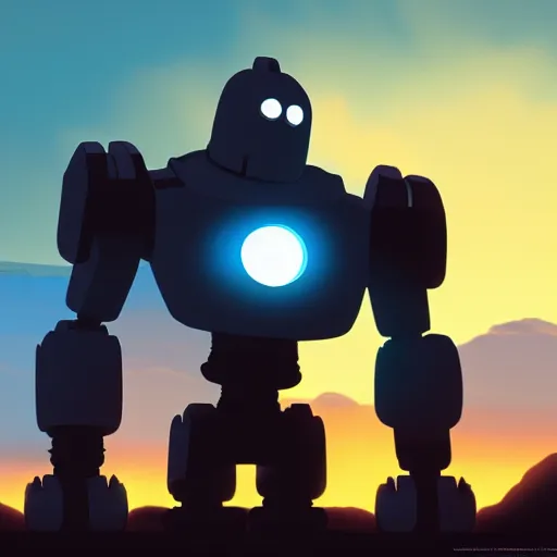 Prompt: Iron Giant at sunset, 4k, trending on artstation, dramatic lighting, highly detailed, cinematic, illustration,