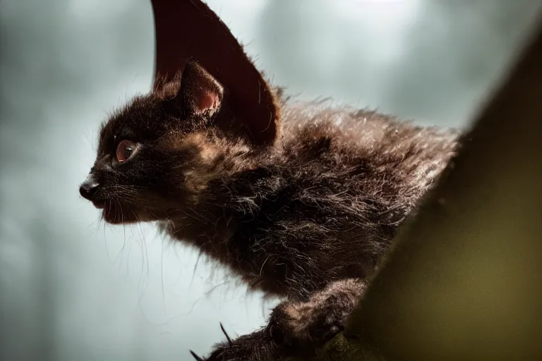 Prompt: a close shot of an ominous bat kitten being standing in a forest, detailed, mythical, mist, depressing, tired, dark, lush, nature, mist, mystery, glows, somber, dismal, fog, heavy fog, dark lighting, rim light, glow, ambient light,