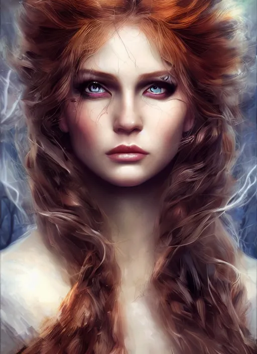 Image similar to a beautiful woman archer, 8 k, hyperrealistic, hyperdetailed, uhd, beautiful face, long ginger hair, dark fantasy, dark forest, fantasy portrait by laura sava