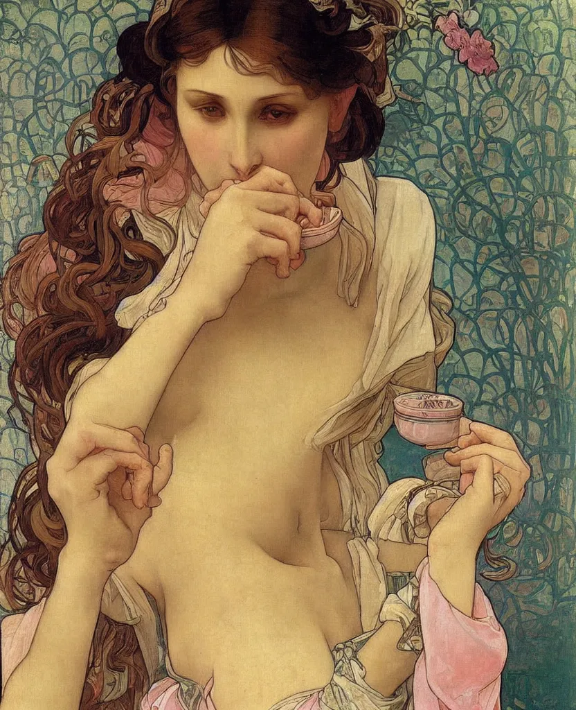 Prompt: a beautiful arrogant surreal greek lady drinking tea looking disdained, rennaisance painting, whimsical, pastel pink color palette, by leonardo da vinci and alphonse mucha