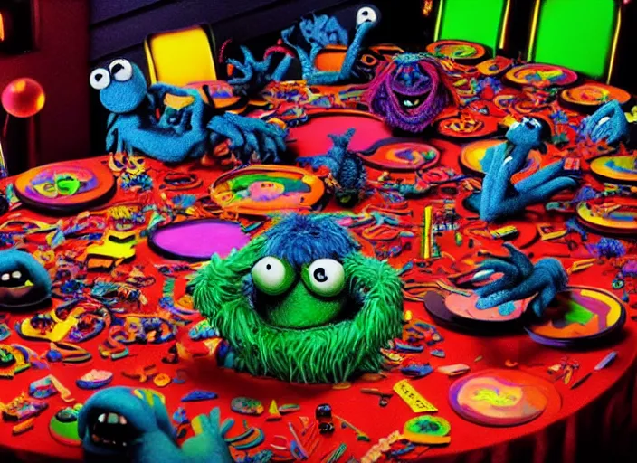 Image similar to 8k hyper realistic detailed image, swirl, unholy Cookie Monster rites in a coven of Muppets, Black Frank the goat and neon pentagram in the center of a table, rich deep colors, neon colors, caustic light, iridescent light, cinematic shot by Alfonso Cuaron, part by Gaspar Noe, part by Stanley Kubrick, ultra detailed