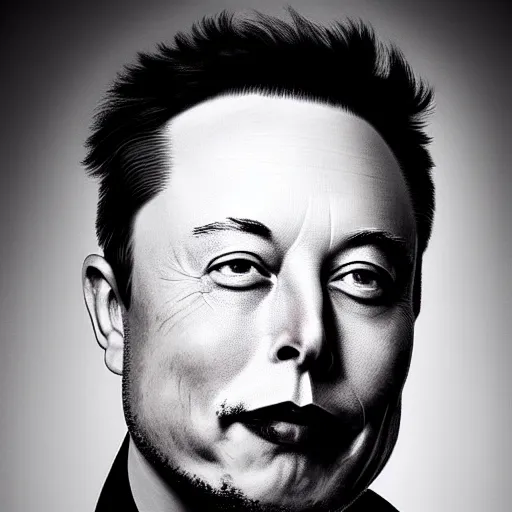 Image similar to A portrait of Elon musk merged with Vladimir Putin. Photograph, high contrast, black and white