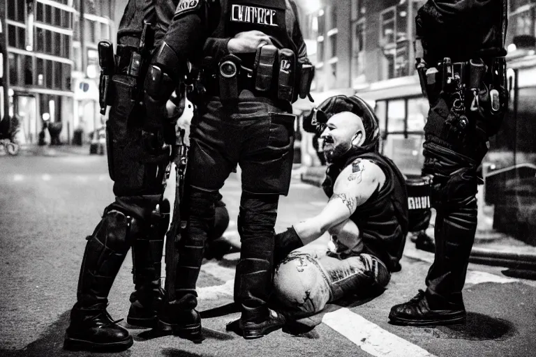 Prompt: photography of a cypherpunk being arrested in amsterdam at night
