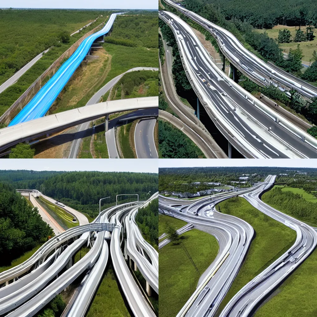 Prompt: an interstate highway with roads made of waterslides