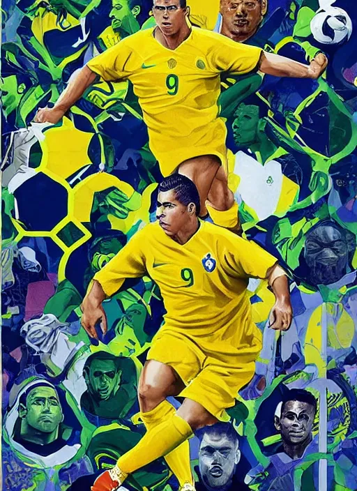 Prompt: og ronaldo nazario r 9 2 0 0 2 world cup brazil goal, number nine t - shirt, poster art jason shawn alphonse mucha james jean liam brazier victo ngai tristan eaton, yellow and green