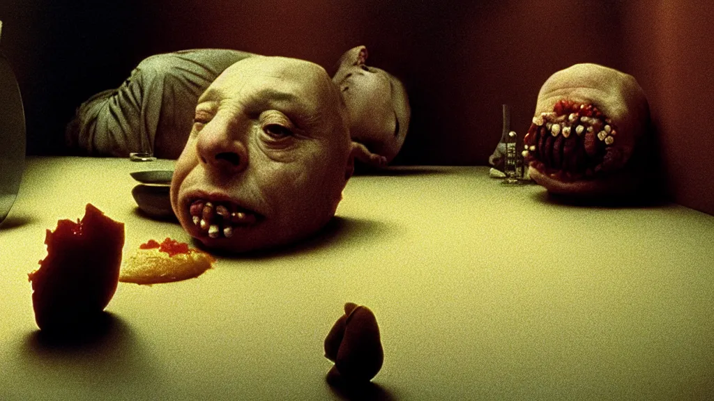 Image similar to the face with the plate of food under my bed, film still from the movie directed by denis villeneuve and david cronenberg with art direction by salvador dali and zdzisław beksinski, wide lens