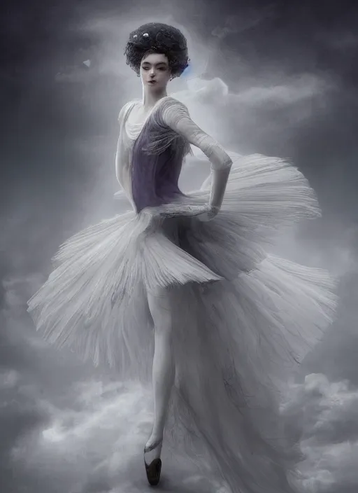 Image similar to picture generation, soft painting curiosities carnival, beautiful prima ballerina in full long dress, accurate features, focus, very intricate ultrafine details, black white purple volumetric clouds, award winning masterpiece, octane render 8 k hd, tom bagshaw artstyle