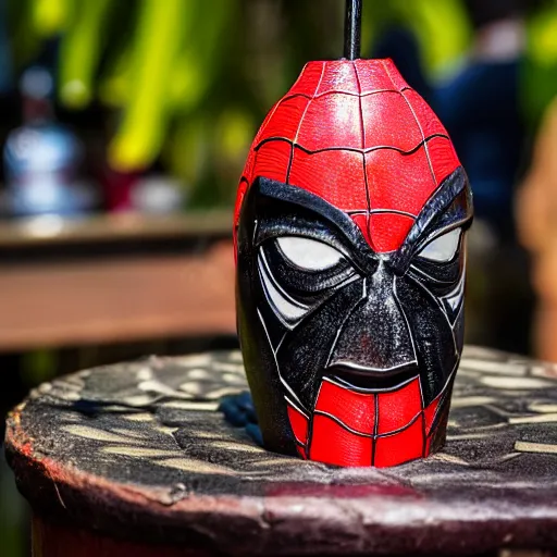 Image similar to a closeup photorealistic capture of glossy spider man style tiki mug at an outdoor trader vic's bar featuring the face of spider man. tiki theme. bright scene. fine detail. this 4 k hd image is trending on artstation, featured on behance, well - rendered, extra crisp, features intricate detail, epic composition and the style of unreal engine.