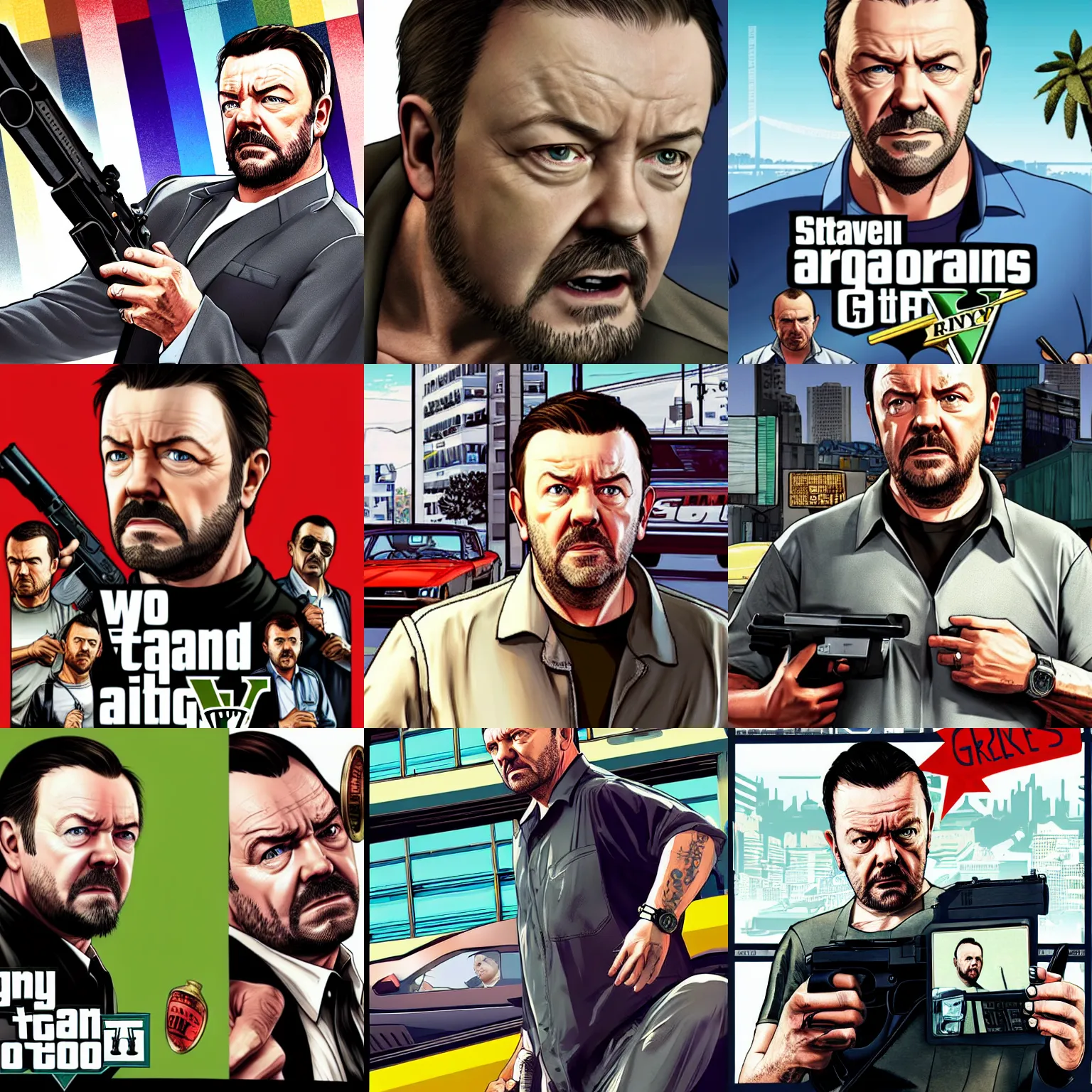 Prompt: ricky gervais in gta v promotional art by stephen bliss, no text, very detailed, professional quality, amazing likeness