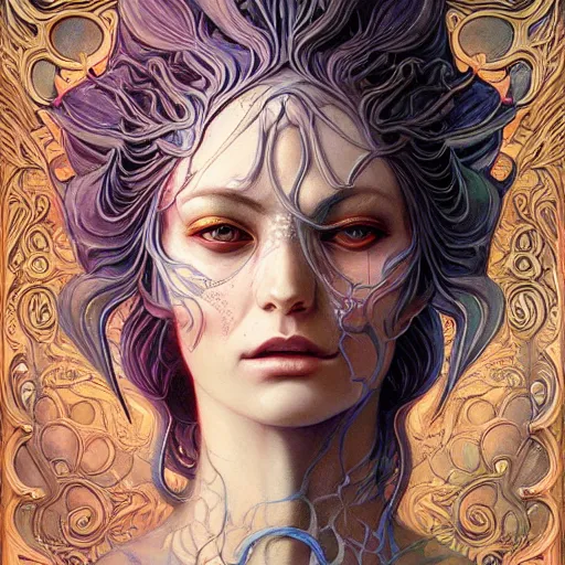 Prompt: a beautiful detailed front view portrait of a woman with ornate growing around morphing, ornamentation, flowers, elegant, beautifully lit, by wayne barlowe, peter mohrbacher, kelly mckernan,