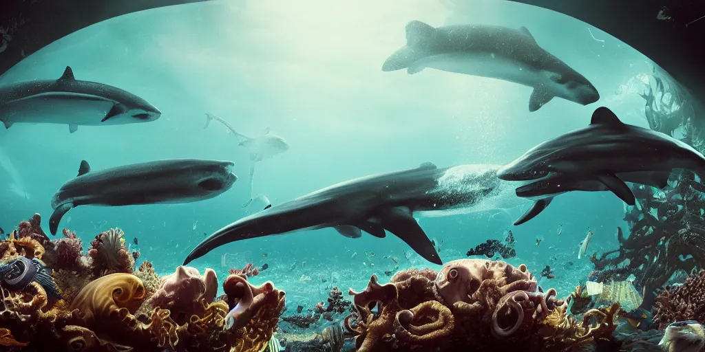 Prompt: deep black ocean view of whale, shark, octopus and squid, and nautilus, and fearsome fish, octane render, cinema 4 d, cinematic lighting, golden ratio, underwater photography, realistic, wildlife documentary, by greg rutkowski