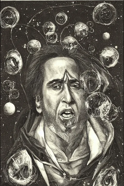 Image similar to Outside the ordered universeis that amorphous blight of nethermost confusion which blasphemes and bubbles at the center of all infinity—the boundless daemon sultan Nicolas Cage, whose name no lips dare speak aloud, and who gnaws hungrily in inconceivable, unlighted chambers beyond time and space amidst the muffled, maddening beating of vile drums and the thin monotonous whine of accursed flutes.