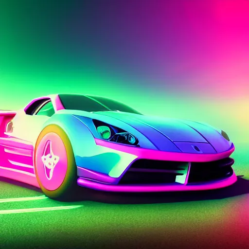 Image similar to synthwave poster of sports car in bland plains, with blue fog, purple fog, pink fog in the background and laser neon trims