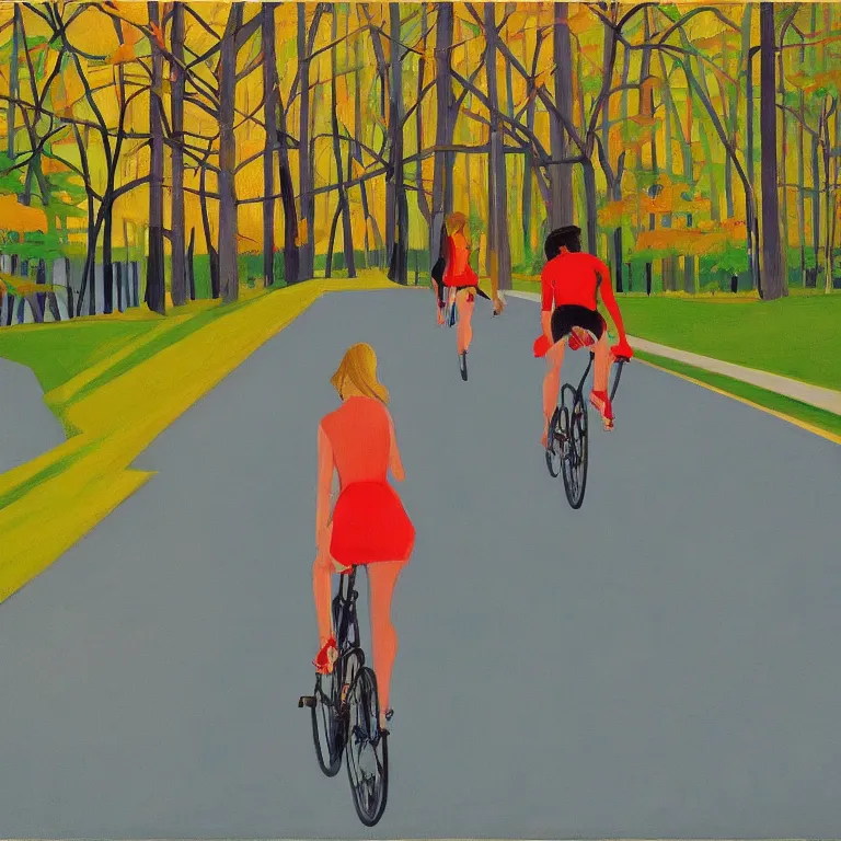 Prompt: riding neon bycicles in the woods, painted by Alex Katz, painted by Edward Hopper, airbrush