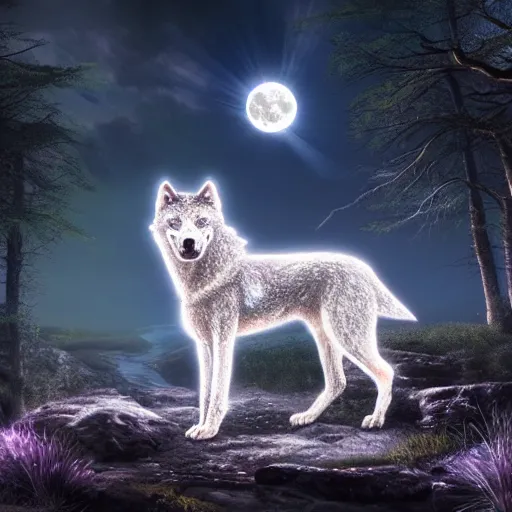 Image similar to a clear, sparkling diamond wolf in front of a full moon, fantasy art, lens flares, high definition