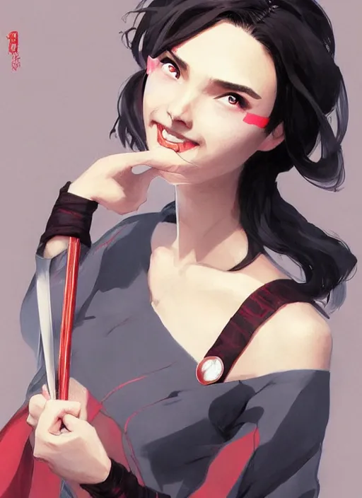 Image similar to gal gadot as nezuko from demon slayer ねずこイラスト wearing kimono by artgem by greg rutkowski trending on artstation