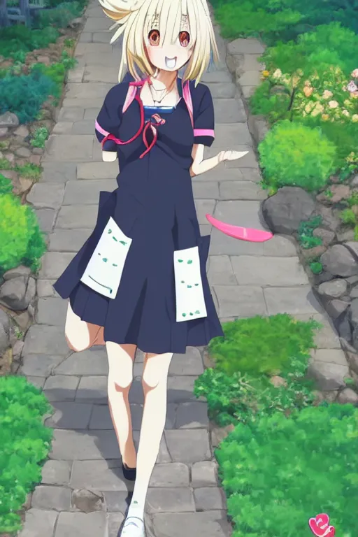 Image similar to a very cute art of a smiling blonde anime girl idol walking at the garden, mouth open, cheeky, in the style of anime, near a stone gate