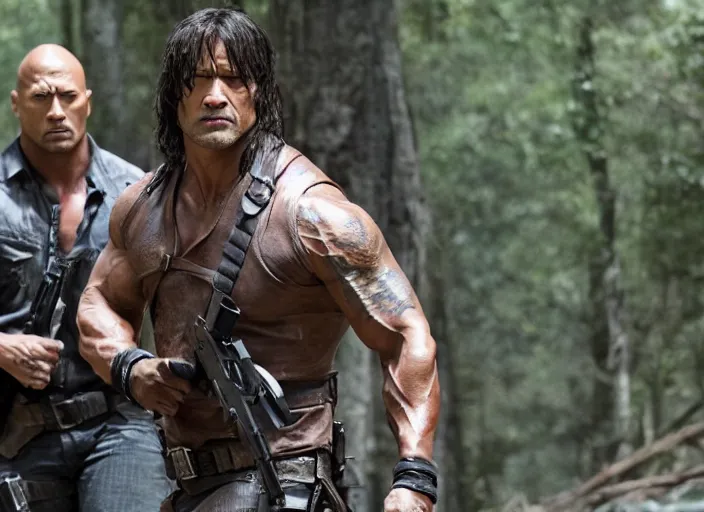 Image similar to film still of dwayne the rock johnson as daryl dixon in the new walking dead tv series, 4 k