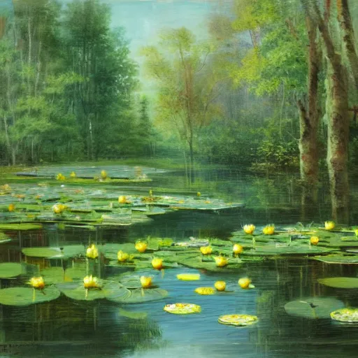 Image similar to a pond with water lillies in the forest, in the style of Gordon Onslow Ford,