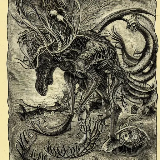 Image similar to bestiary of creatures from the depths of the unconscious psyche