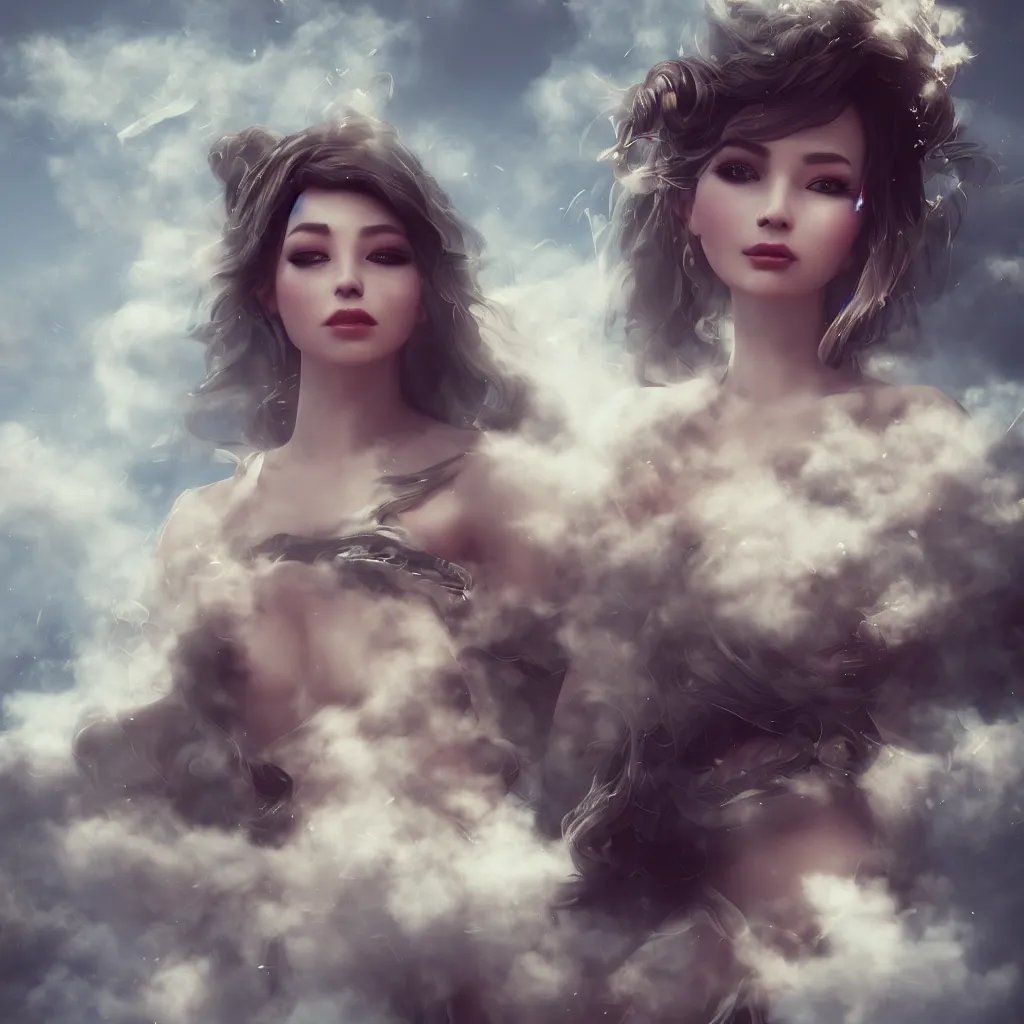 Image similar to beautiful girl in full gown blowing clouds, portrait character concept style trending on artstation concept art detailed octane render cinematic photo - realistic 8 k high detailed