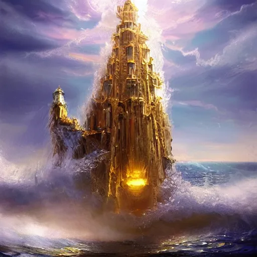 Prompt: a sparkling gold fantasy tower with splashes upwards from a turbulent ocean, dramatic lighting, shimmering sunlight, beautiful oil painting, artstation