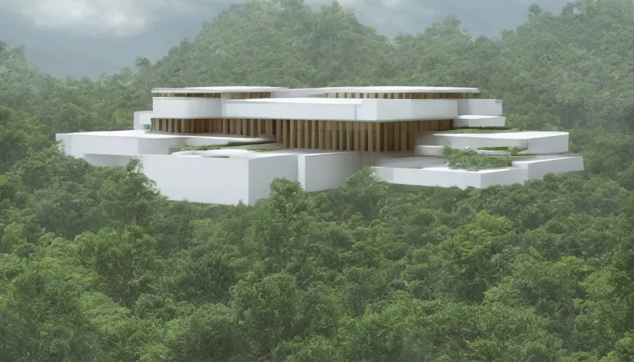 Prompt: white temple house inspired by tibetan and modernist architecture, on a green hill, overlooking a valley with trees, frank lloyd wright, realistic render, birdseye view