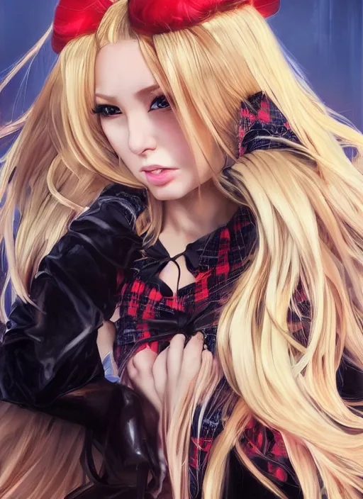 Prompt: [ absolutely beautiful ] art of an evil gyaru model with long blonde pigtails, a black top, a red plaid skirt, and knee high boots, blue eyes, long red nails, japanese, villianess, art by artgerm, greg rutkowski, cyrine, alphonse mucha, beautiful colors and lighting, photorealistic digital art