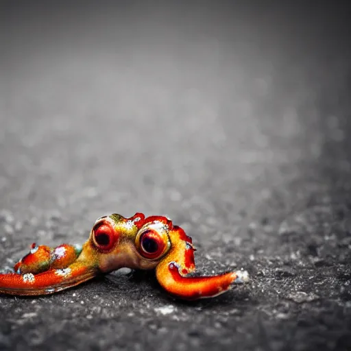 Image similar to fiery whimsical emotional eyes cephalopod, in a photorealistic macro photograph with shallow dof, in the style of a medieval bestiary