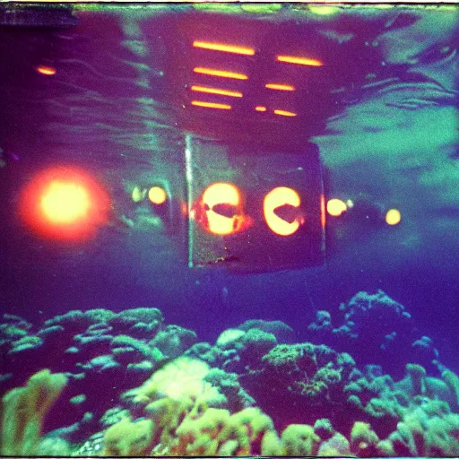 Prompt: under water deep sea station at night, lo fi, polaroid 6 0 0, 1 9 6 5 lightning, aquatic plants, colorful clouds