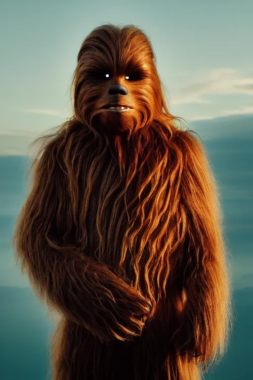 Image similar to photographic portrait of chewbacca with a balding head, cinematic photography, 35mm, evening light