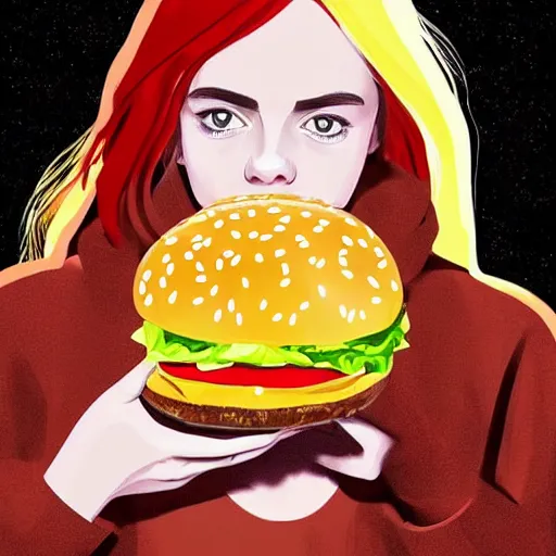 Image similar to portrait of billie eilish biting a giant hamburger eating a big mac hamburger with extra ketchup and mustard lettuce and tomato, divine feminine ethereal light, concept art, hyper realism, illustration, digital art, artstation style frames character design,