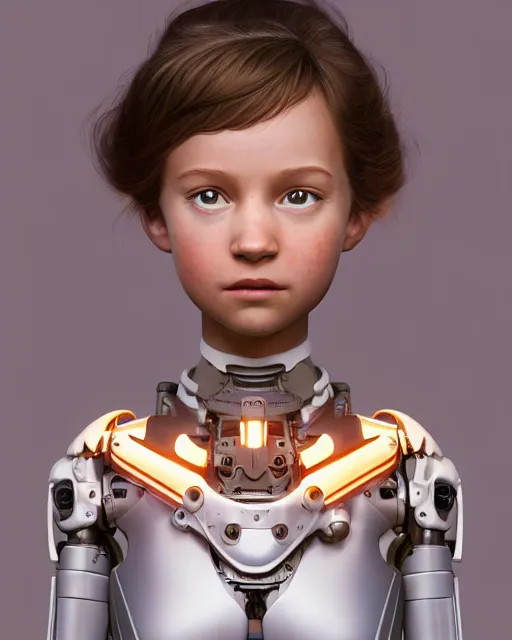 Image similar to weta disney pixar movie still head and torso portrait photo of young millie alicia bobby vikander brown as thoughtful intricate detailed mechanical white plastic cyborg girl by pixar, by weta, wlop, ilya kuvshinov, rossdraws, artgerm, latex, iridescent, bright morning, anime, liosh, mucha