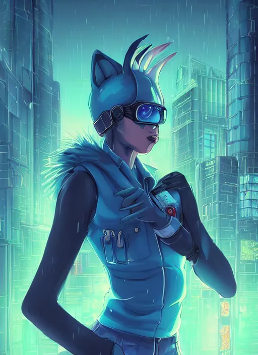 Prompt: A beautiful portrait commission of a female furry anthropomorphic avian blue bird fursona with feathers wearing a security guard uniform with a bullet proof vest. Cyberpunk city at night in the rain. Neon Light. Atmospheric. Character design by charlie bowater, ross tran, artgerm, and makoto shinkai, detailed, inked, western comic book art. 🐦🪶👔