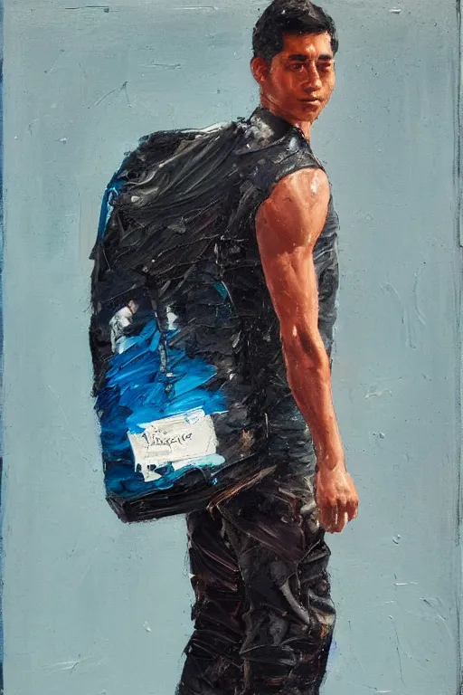 Image similar to palette knife oil painting portrait of juan delamar, a lean, dark haired young man of below average height, carrying a duffel bag with swin gear. blank, quiet, numb, extreme detail, artstation trending, artgerm, any racial background, deviant art, octane, substance, art history 8 k